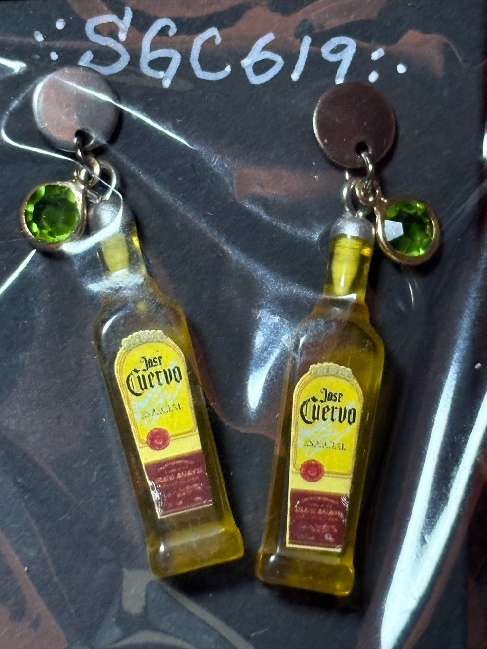 Yellow Cuervo Bottle Novelty Earrings with Green Accent